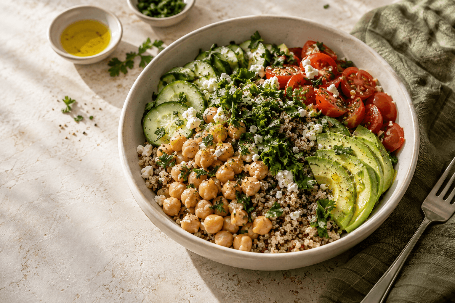 Illustrative Mediterranean bowl with chickpeas, quinoa, cucumber, tomatoes, herbs, avocado and crumbled cheese